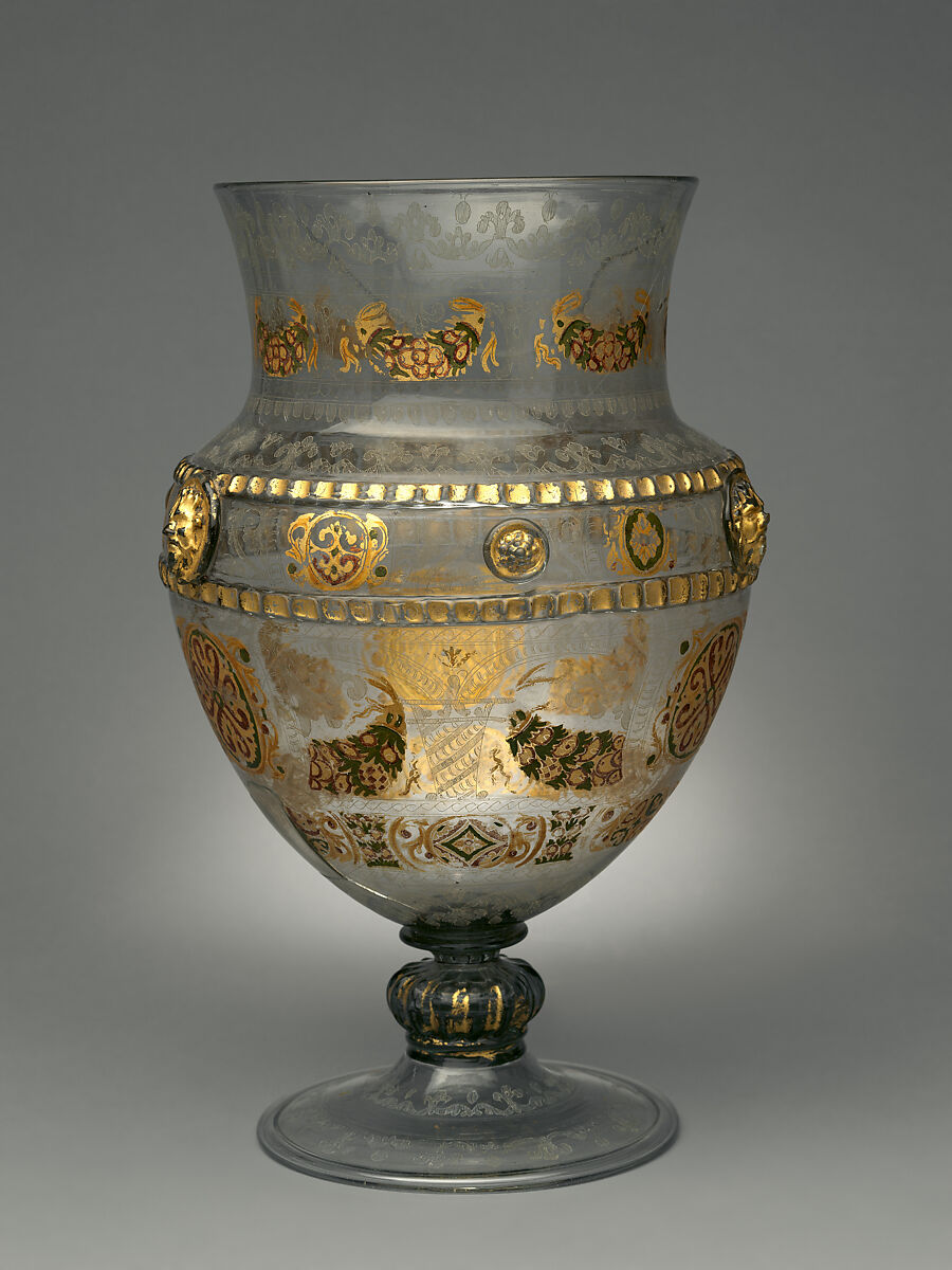 Footed vase (Vasenpokal), Glass: blown, applied mold-blown, impressed, and milled decoration, engraved, cold-painted, and gilded, Austrian, Innsbruck