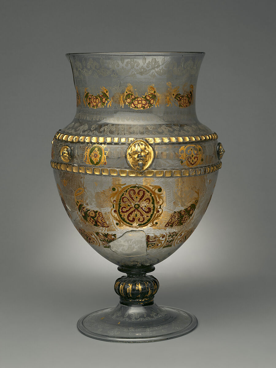 Footed vase (Vasenpokal), Glass: blown, applied mold-blown, impressed, and milled decoration, engraved, cold-painted, and gilded, Austrian, Innsbruck 