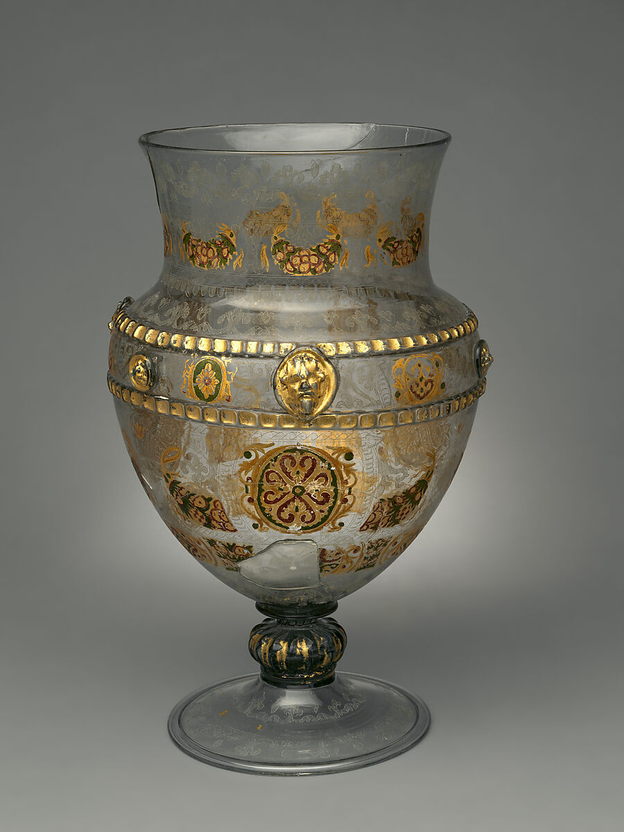 Footed vase (Vasenpokal), Glass: blown, applied mold-blown, impressed, and milled decoration, engraved, cold-painted, and gilded, Austrian, Innsbruck