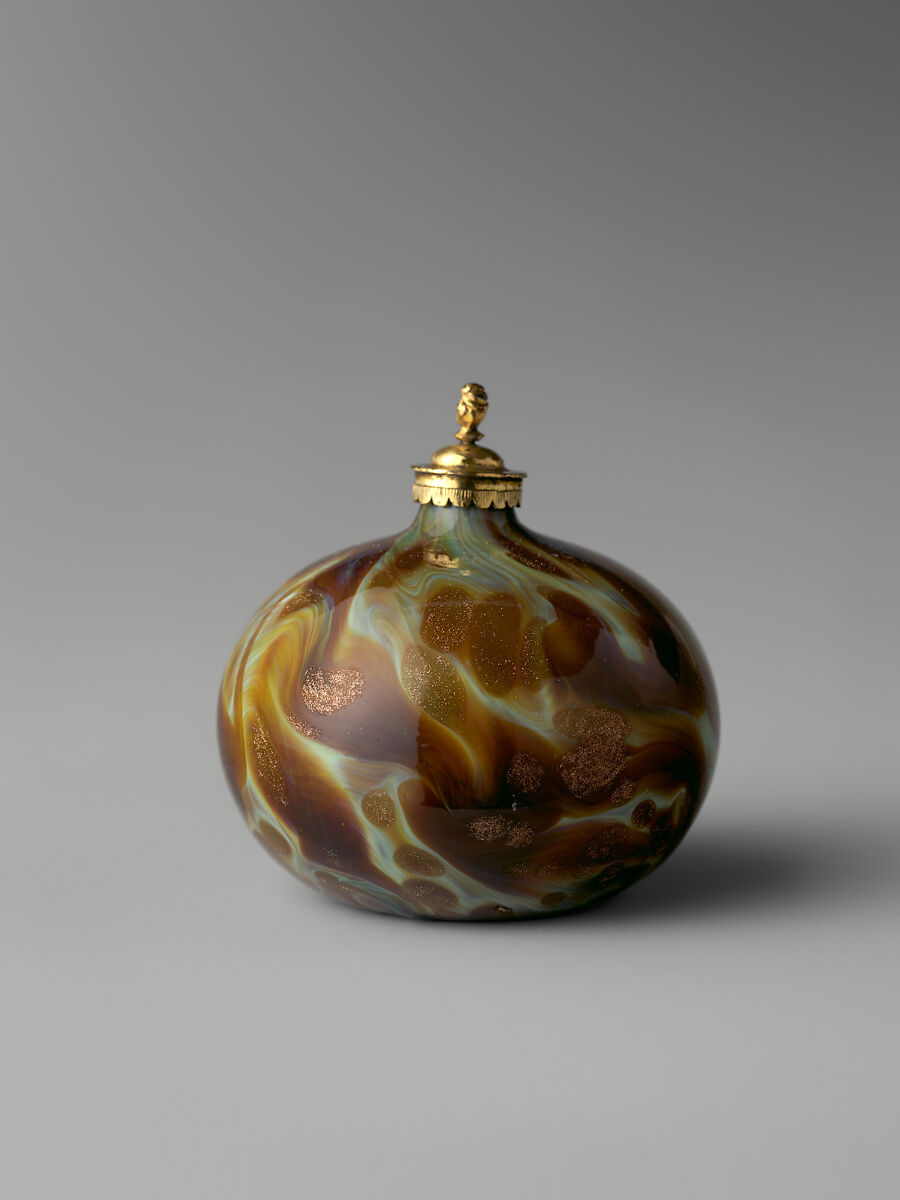 Bottle, Chalcedony and aventurine glass, blown with gilded bronze mount and stopper, Italian, Venice (Murano) 