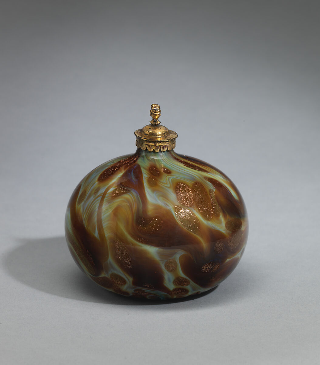 Perfume bottle, Chalcedony and aventurine glass, blown with gilded bronze mount and stopper, Italian, Venice (Murano)