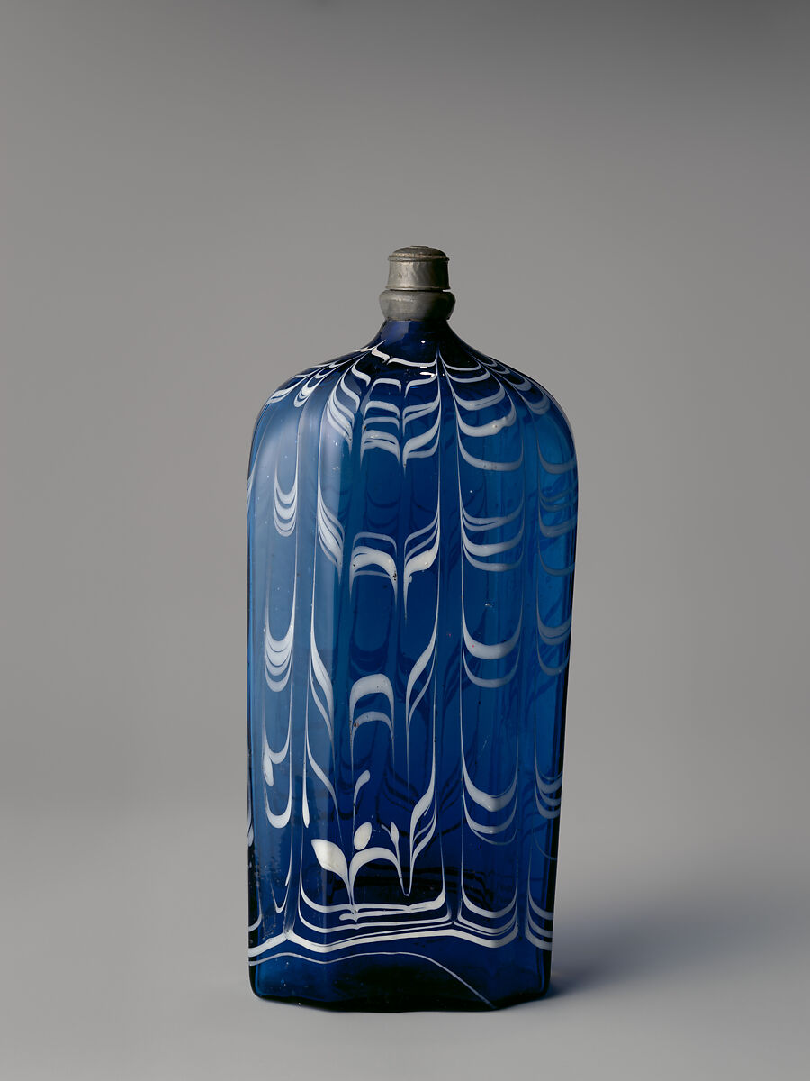 Bottle, Glass; mold-blown, applied, combed, and marbered decoration; pewter, Central European