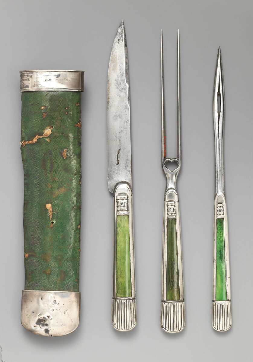 Knife, fork, and skewer needle with case, Steel, shagreen, silver, horn or ivory, possibly Flemish 