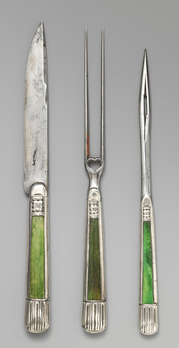 Knife, fork, and skewer needle with case, Steel, shagreen, silver, horn or ivory, possibly Flemish
