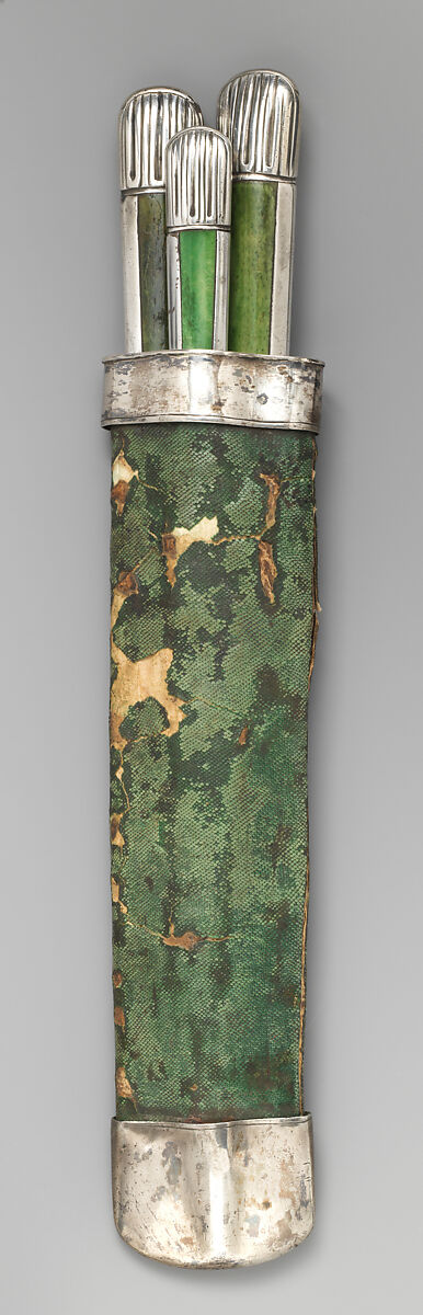 Knife, fork, and skewer needle with case, Steel, shagreen, silver, horn or ivory, possibly Flemish