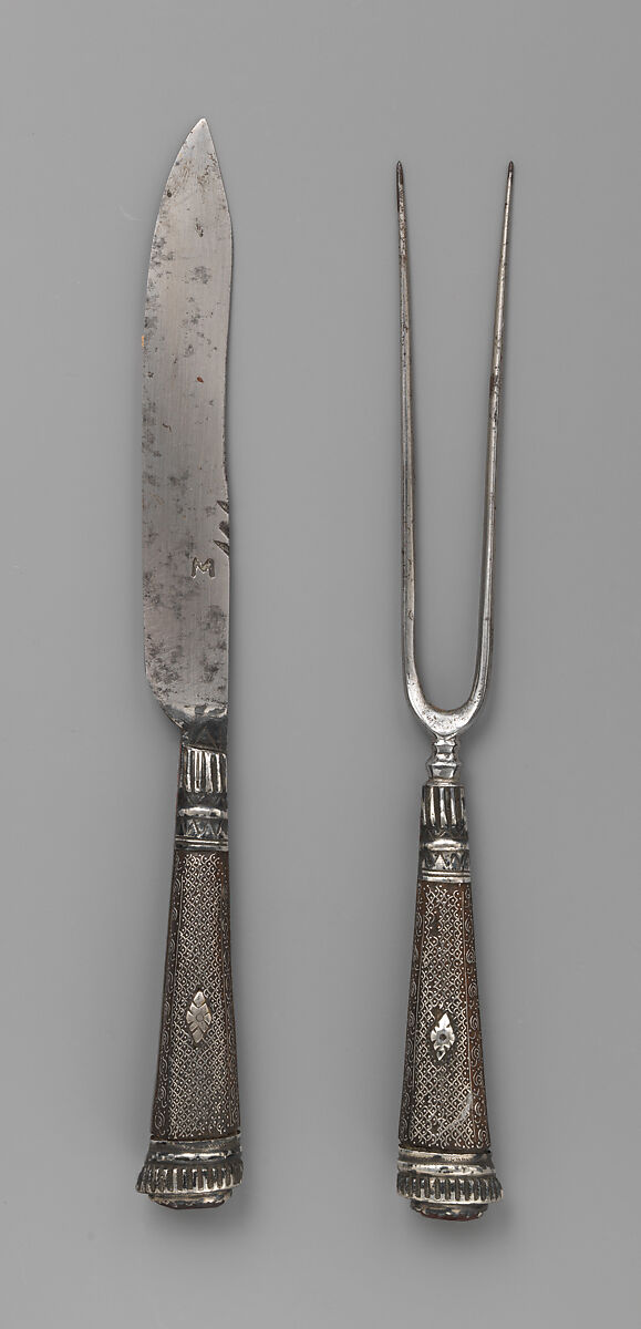 Table knife and fork, Steel, silver, garnet or glass, possibly Spanish 