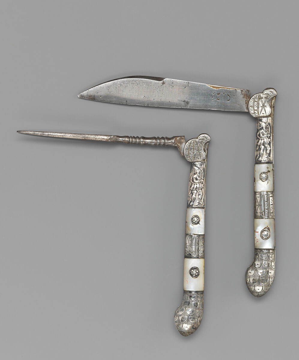 Folding fork, Steel, silver, mother-of-pearl, possibly Swiss