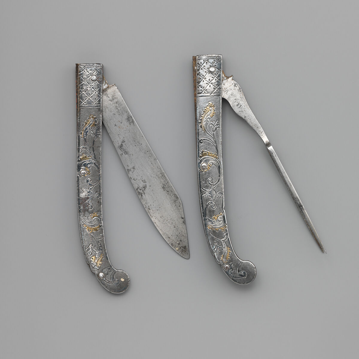 Clasp knife, Steel, damaescened with gold, French or Italian