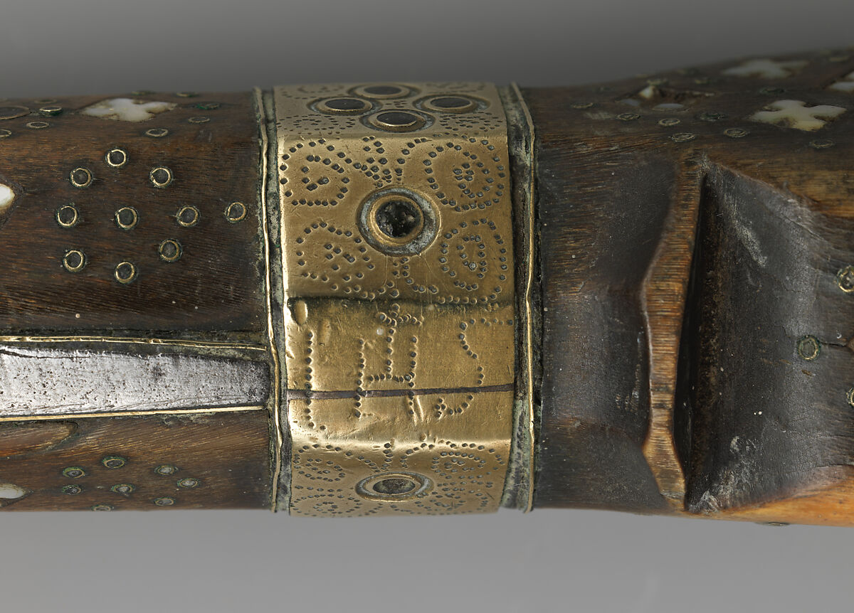 Carving knife, Steel, horn inlaid with mother-of-pearl, brass, German or Swiss