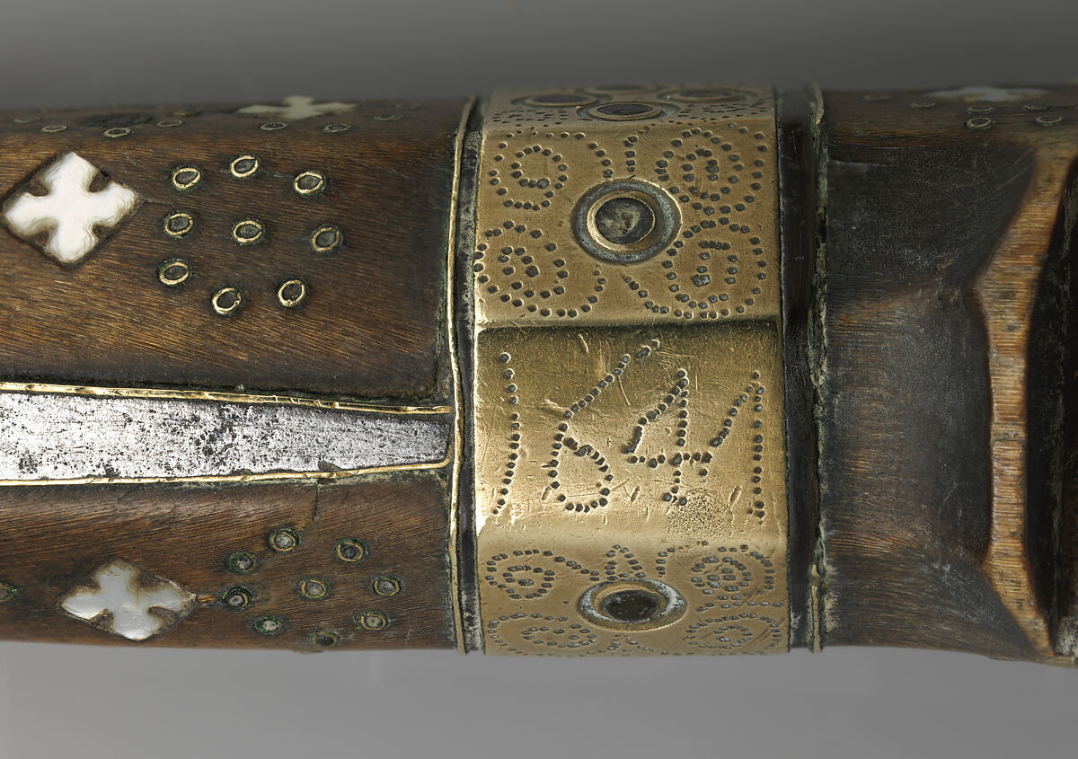 Carving knife, Steel, horn inlaid with mother-of-pearl, brass, German or Swiss