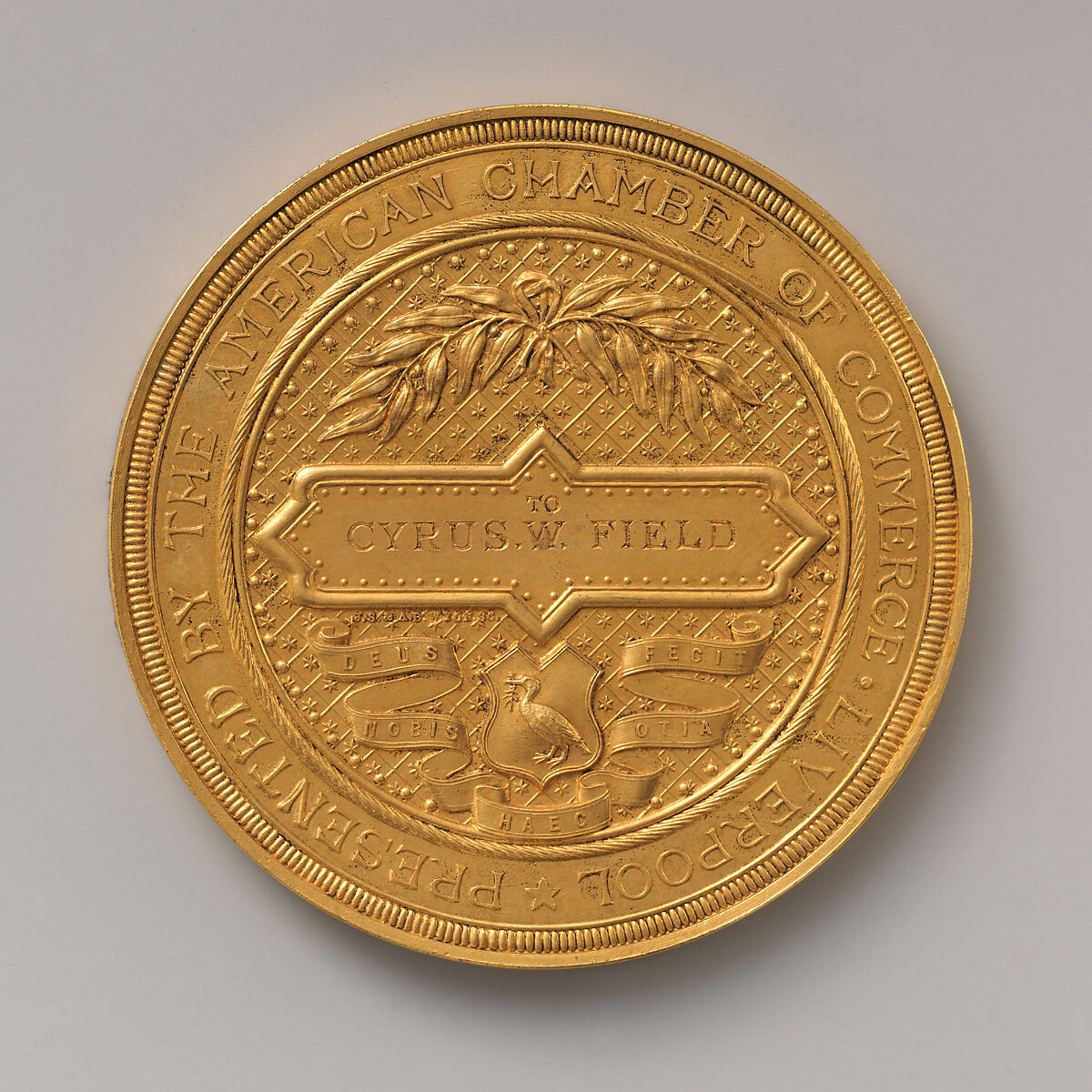 To Cyrus W. Field from the American Chamber of Commerce, Liverpool, on the Laying of the Atlantic Cable, 1866, Medalist: Joseph Shepherd Wyon (British, London 1836–1873 Winchester), Copper gilt, British 