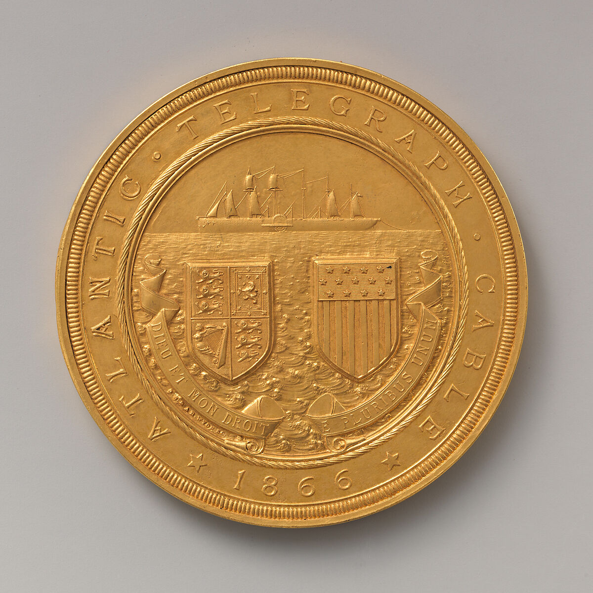 To Cyrus W. Field from the American Chamber of Commerce, Liverpool, on the Laying of the Atlantic Cable, 1866, Medalist: Joseph Shepherd Wyon (British, London 1836–1873 Winchester), Copper gilt, British