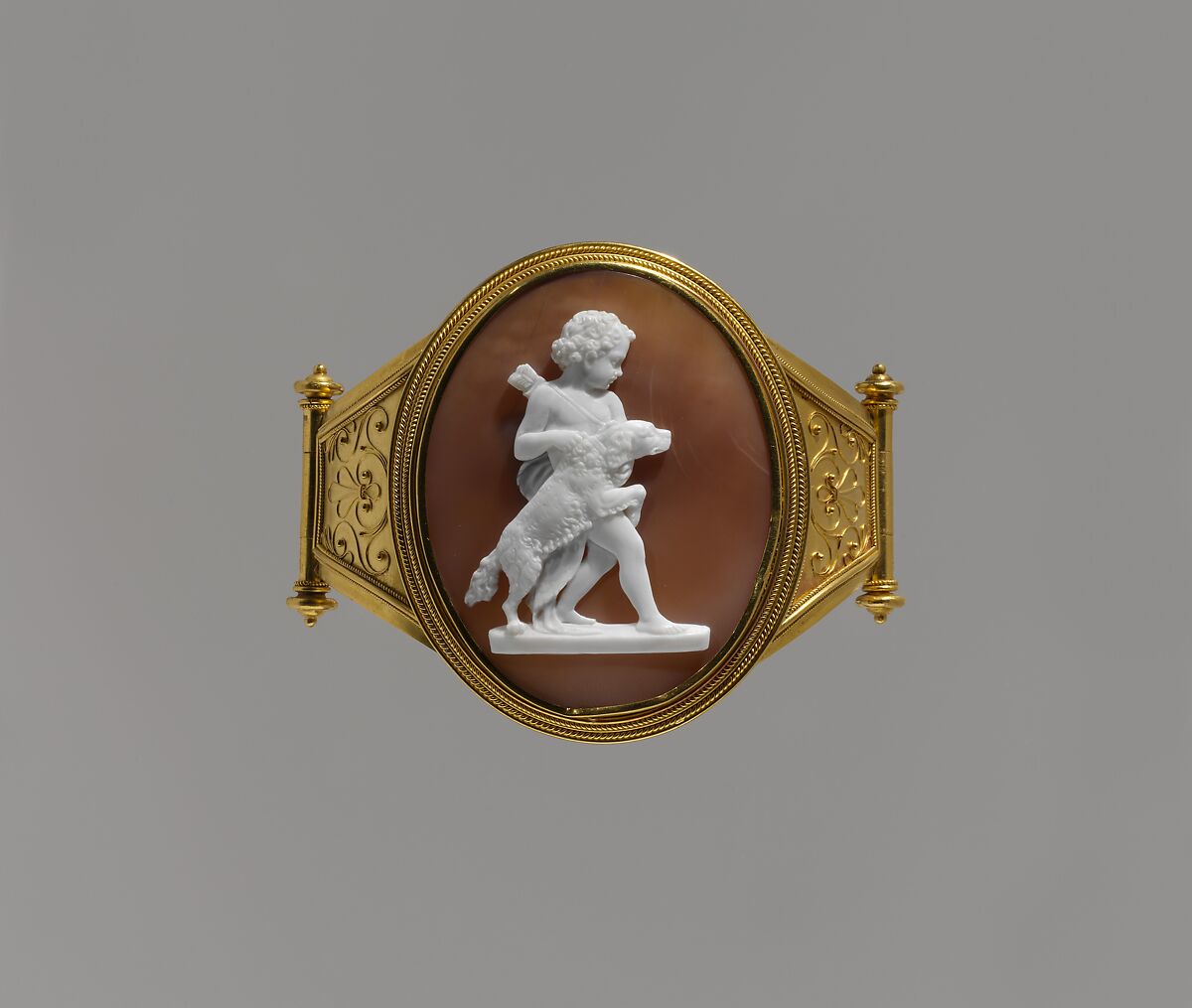 Cupid with a Dog, Luigi Saulini (Italian, 1819–1883), Shell, gold, Italian, Rome 