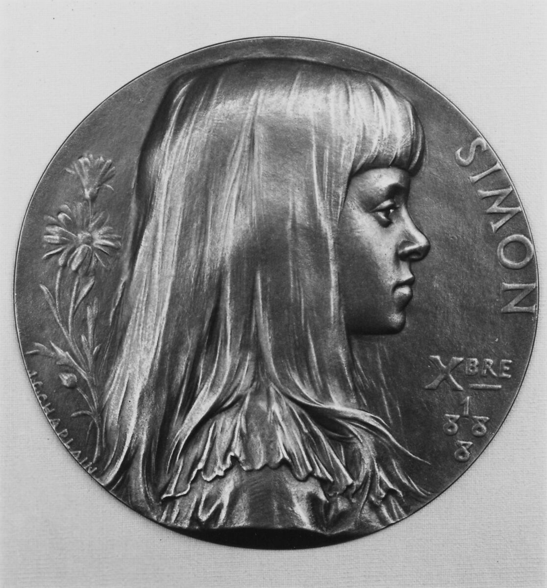 Portrait of Marguerite Simon, Medalist: Jules-Clément Chaplain (French, Mortagne, Orne 1839–1909 Paris), bronze, cast -- single, French 