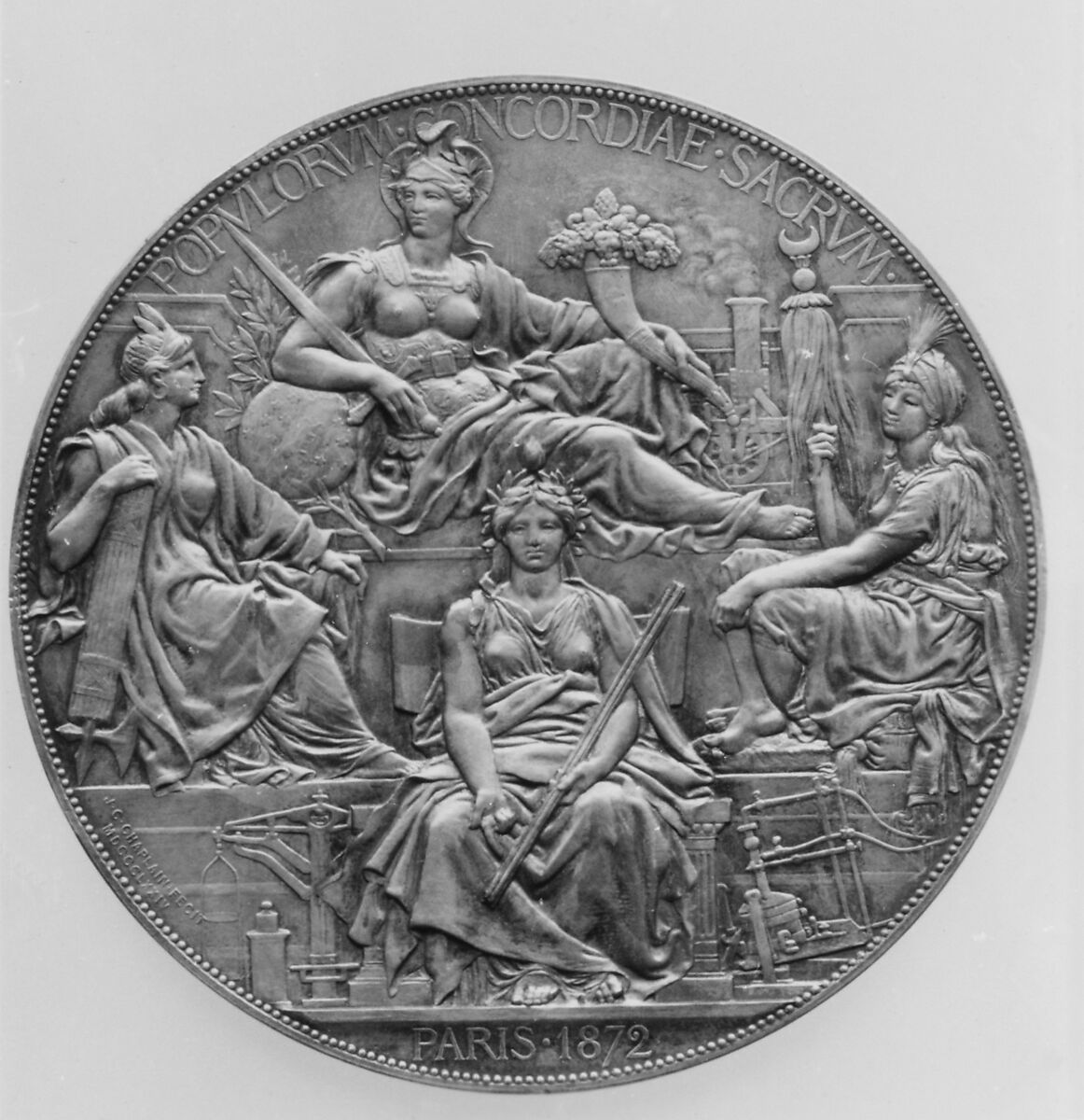 To commemorate the Congress held at Paris (1872–3) to regulate the adoption of the Metric System, Medalist: Jules-Clément Chaplain (French, Mortagne, Orne 1839–1909 Paris), Bronze, silvered (cliché), struck, French 