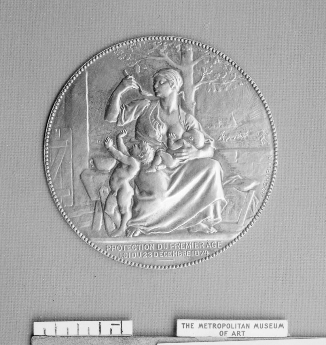 Society for the Protection of Infants, 1874, Medalist: Jules-Clément Chaplain (French, Mortagne, Orne 1839–1909 Paris), Bronze, silvered, struck - double, French 