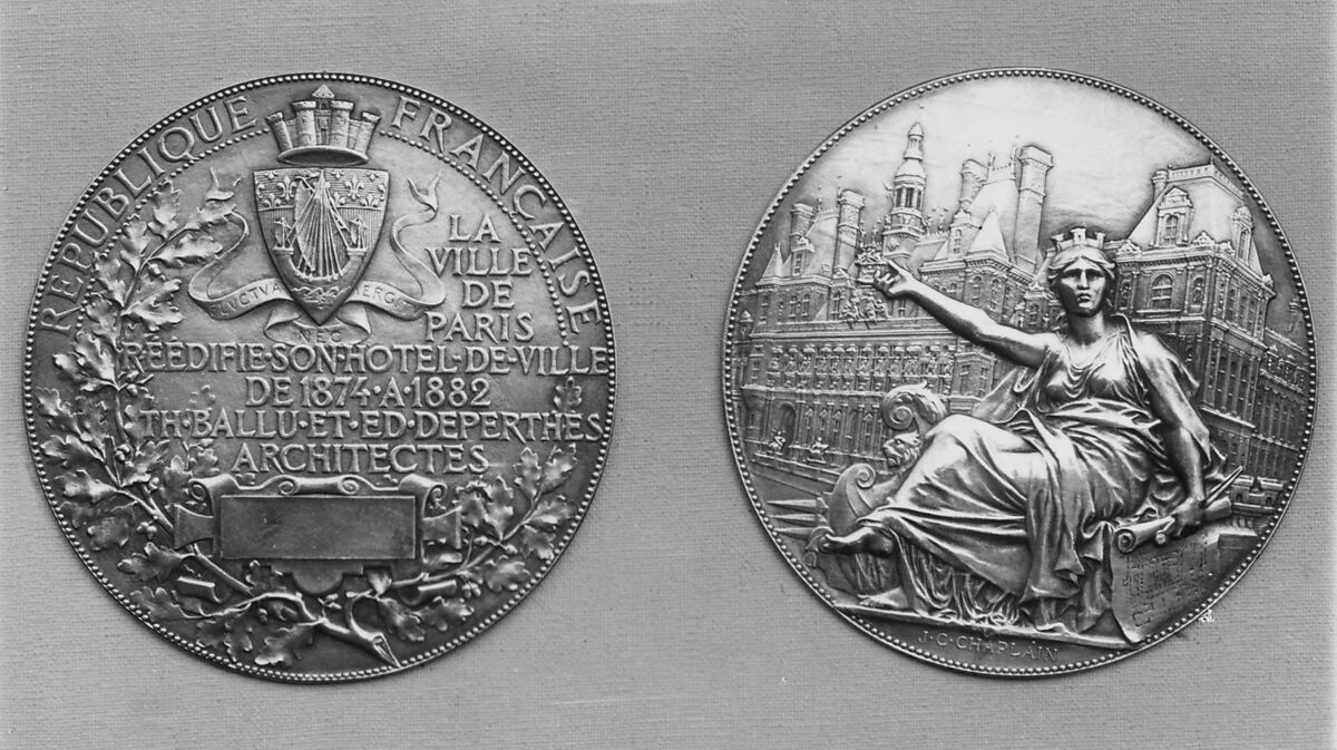 To commemorate the rebuilding of the Paris Hotel de Ville, burnt by the Communards in 1871, Medalist: Jules-Clément Chaplain (French, Mortagne, Orne 1839–1909 Paris), Bronze, silvered (cliché), struck, French 