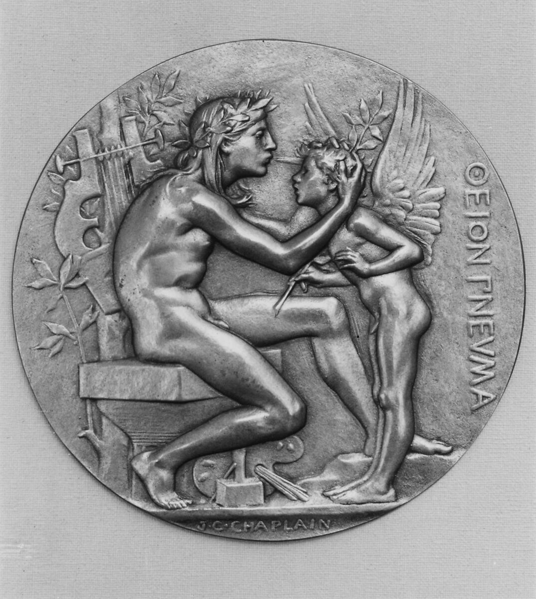 The Inspiration of Genius, Medalist: Jules-Clément Chaplain (French, Mortagne, Orne 1839–1909 Paris), Bronze, cast - single, French 