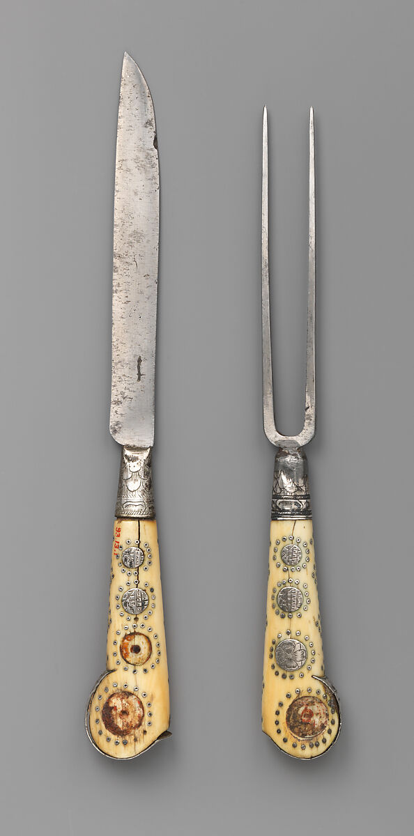 Table knife and fork, Steel, ivory inlaid with ivory, metal, Swiss 