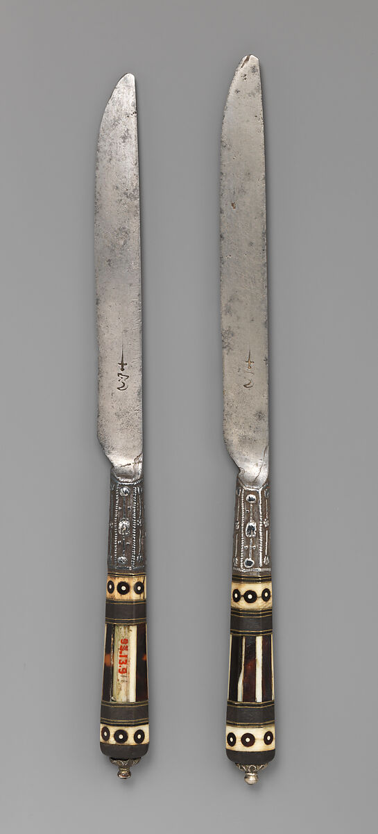 Pair of table knives, Probably William Boswell (British, active by 1664), Steel, tortoiseshell, ivory, silver, brass, British, London 