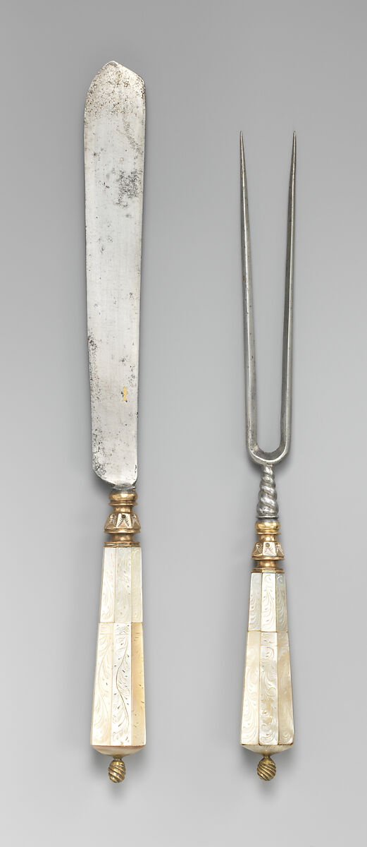 Carving knife and fork, Steel, bronze, mother-of-pearl over wood, Hungarian 