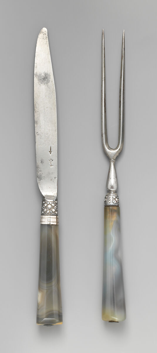 Table knife and fork, William Laughton (British, active London, recorded 1676), Steel, silver, blue agate, French 