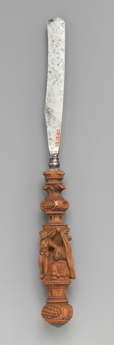 Fruit knife with carved scene from the story of Judith and Holofernes, Steel, pearwood, Swiss or Tyrolean 