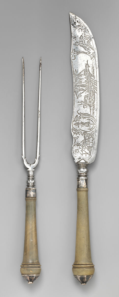 Carving fork, Prongs: steel; handle: horn, silver, Southern German, Tyrol 