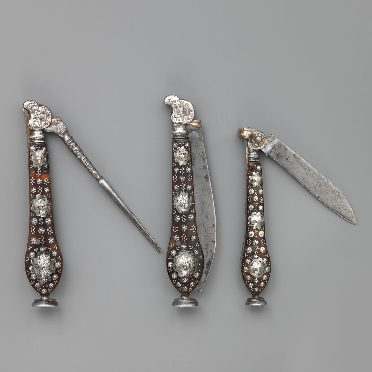 Knife, fork, and pen knife, Steel, tortoiseshell (or horn), silver, German, Saxony