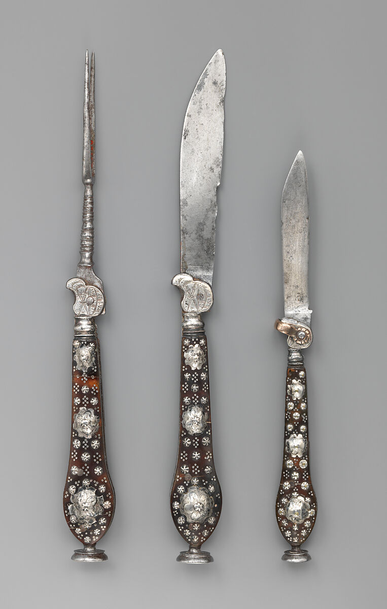 Knife, fork, and pen knife, Steel, tortoiseshell (or horn), silver, German, Saxony 