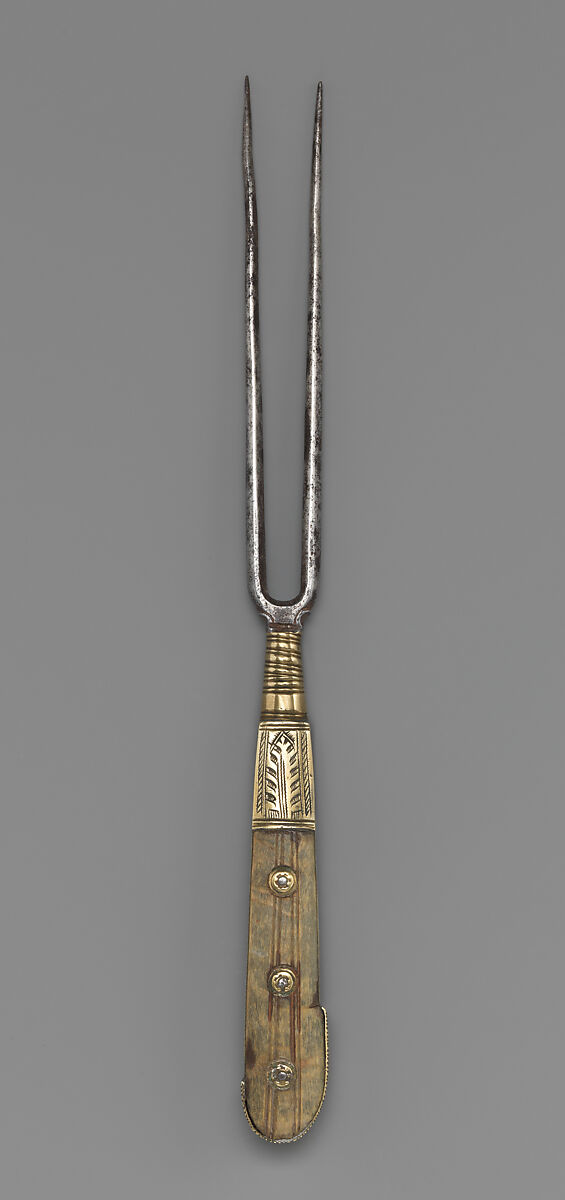 Carving fork, Steel, wood, brass, Swiss 