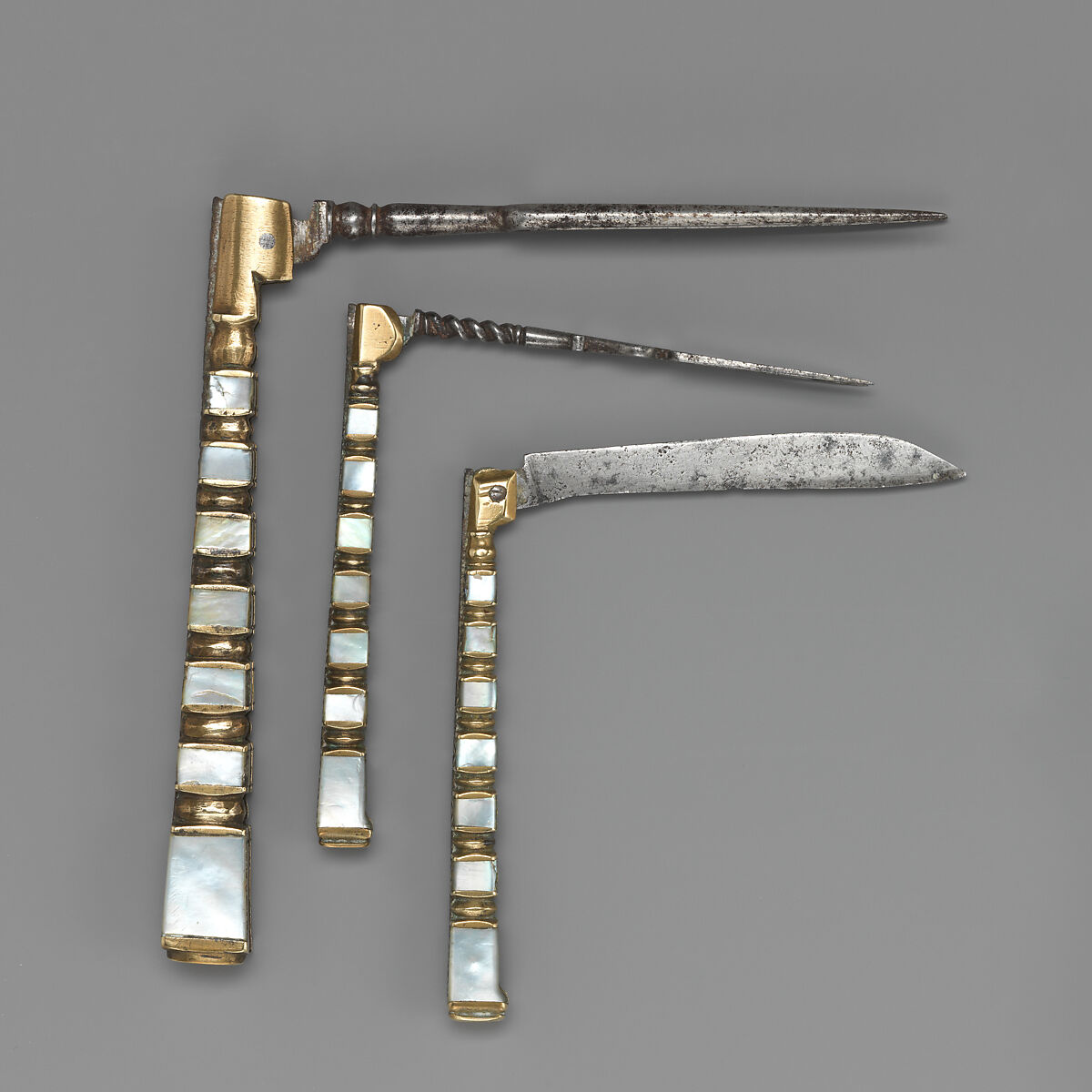 Folding fork, Steel, brass, mother-of-pearl, possibly Italian