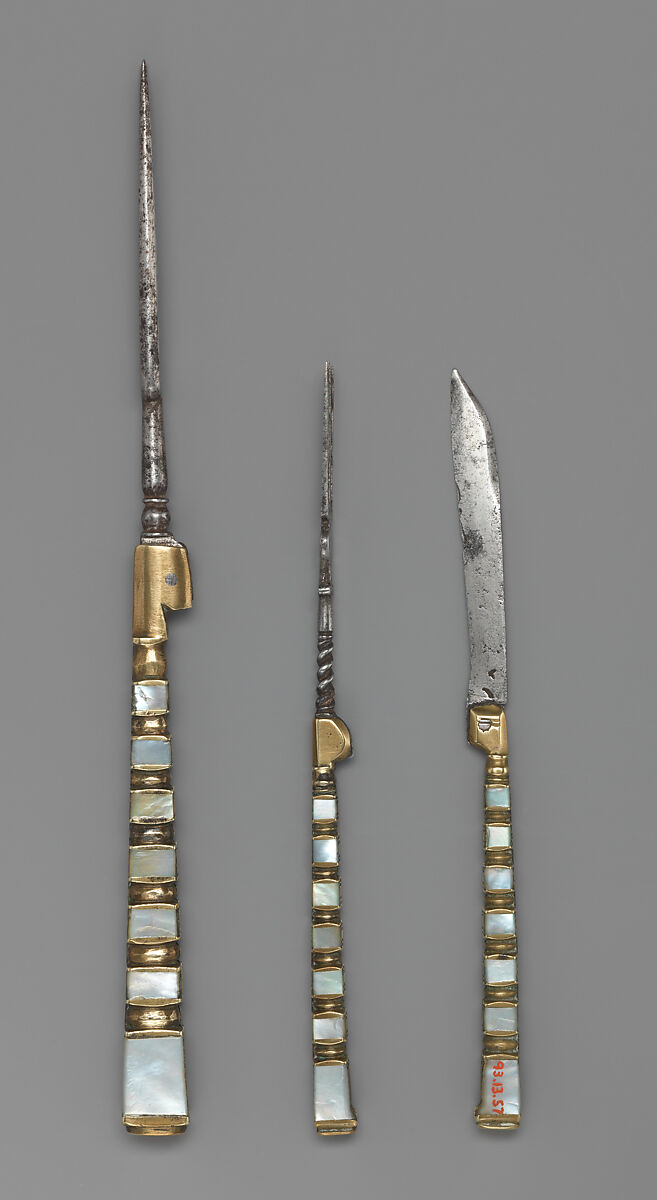Folding fork, Steel, brass, mother-of-pearl, possibly Italian 