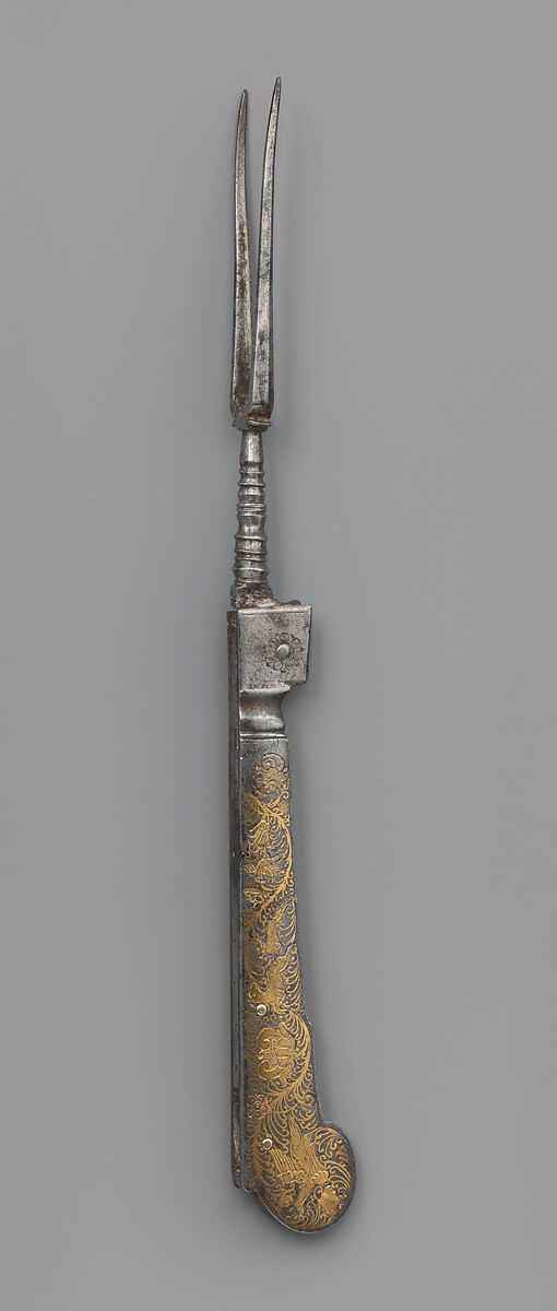 Folding fork, School of Michael le Blon (1587–1656), Steel, iron (?), gilded, Dutch 