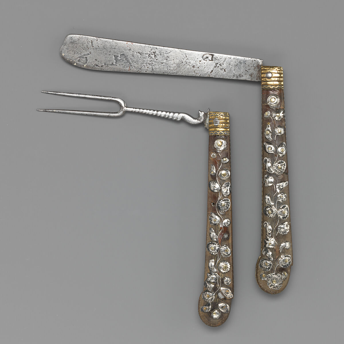 Folding knife and fork, Steel; horn, silver, brass, Southern German