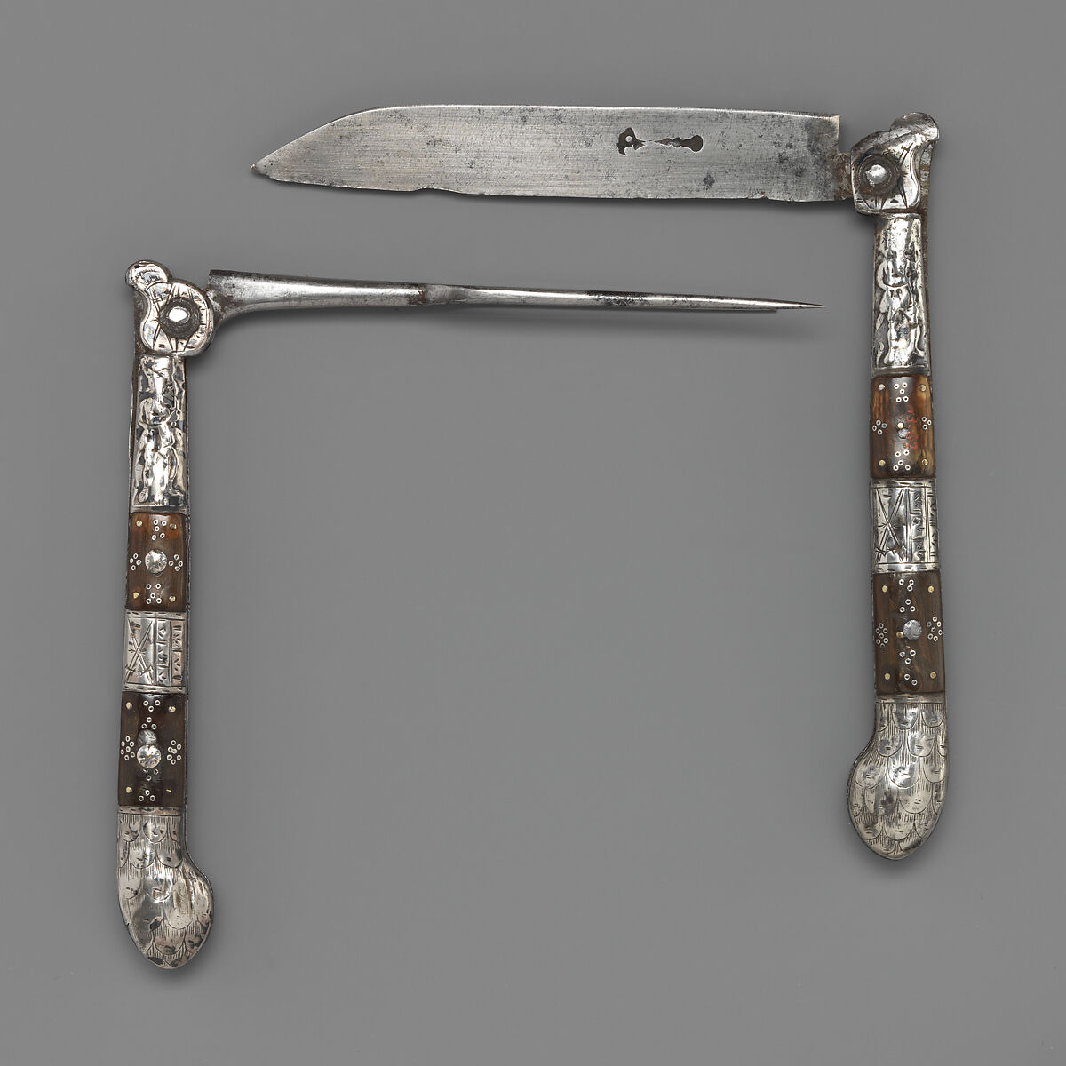 Folding knife, Steel, silver, horn, metal, Swiss or German