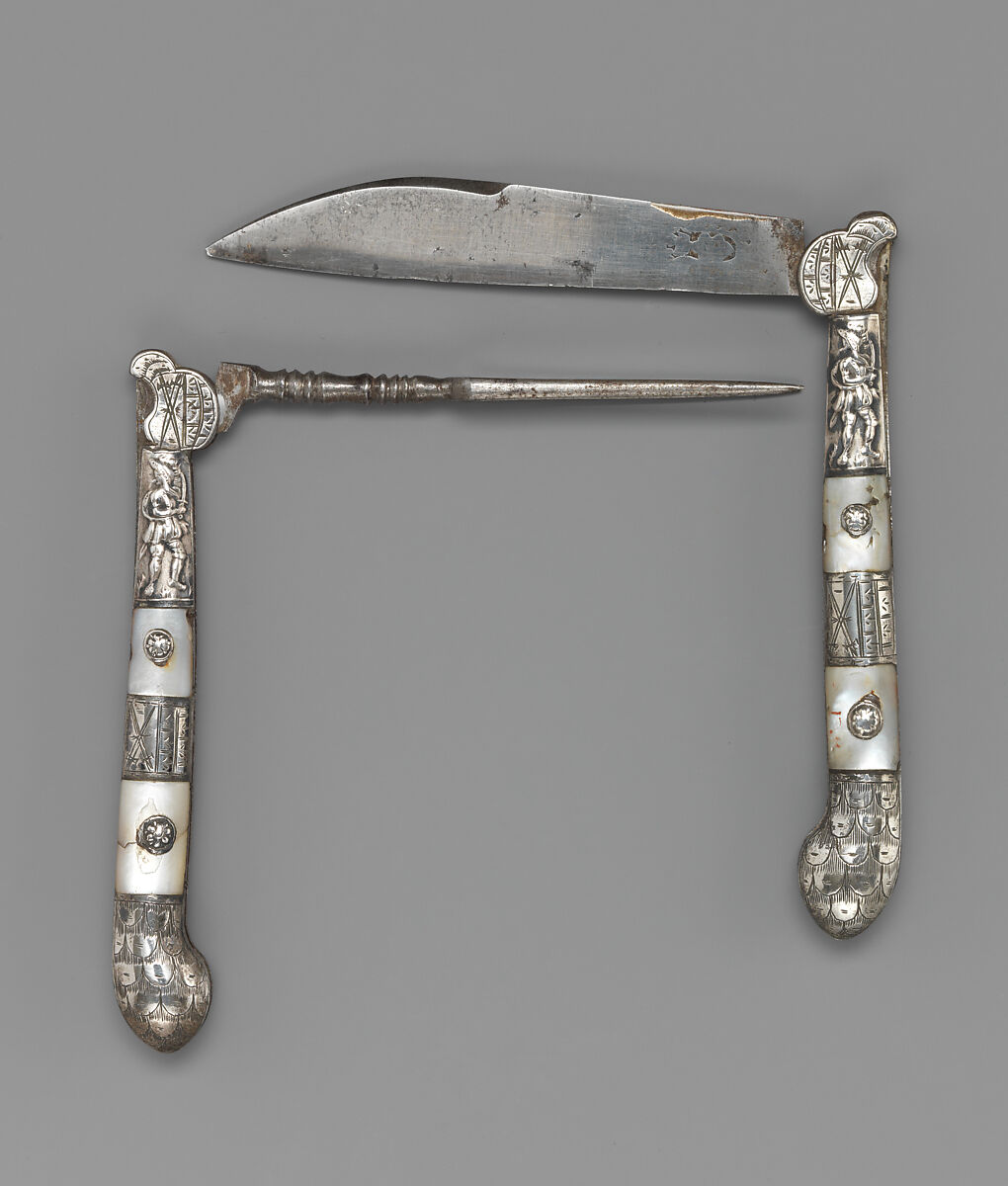 Folding knife, Steel, silver, mother-of-pearl, possibly Swiss
