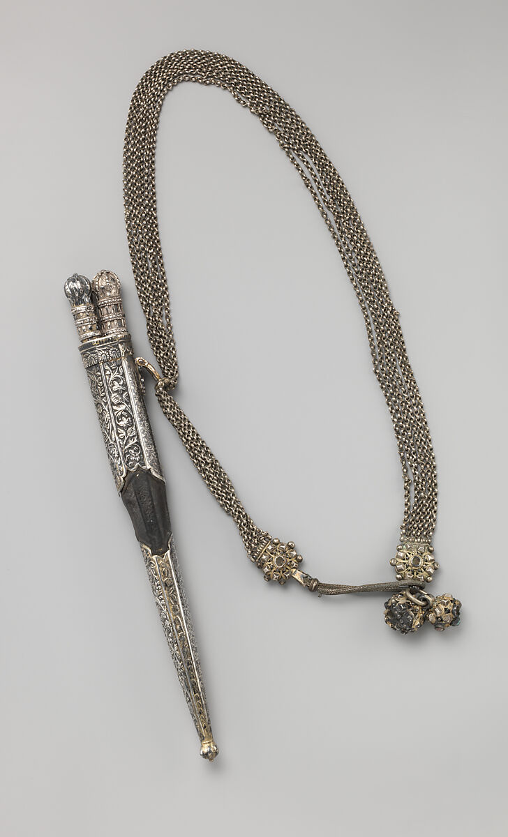 Knife and fork with case, Steel, silver, niello; case:  leather, silver, niello, possibly Greek