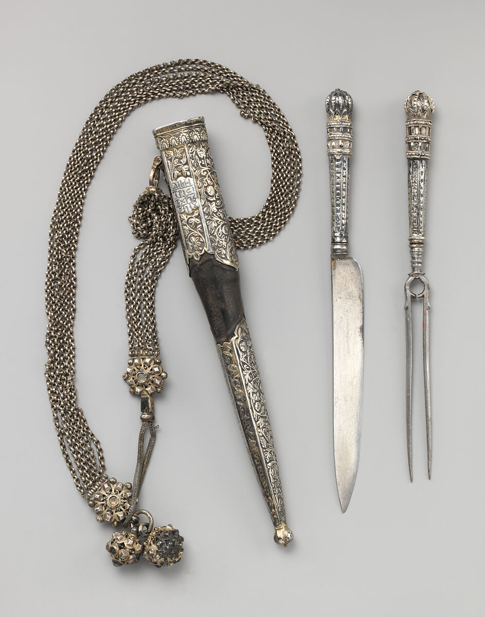 Knife and fork with case, Steel, silver, niello; case:  leather, silver, niello, possibly Greek 