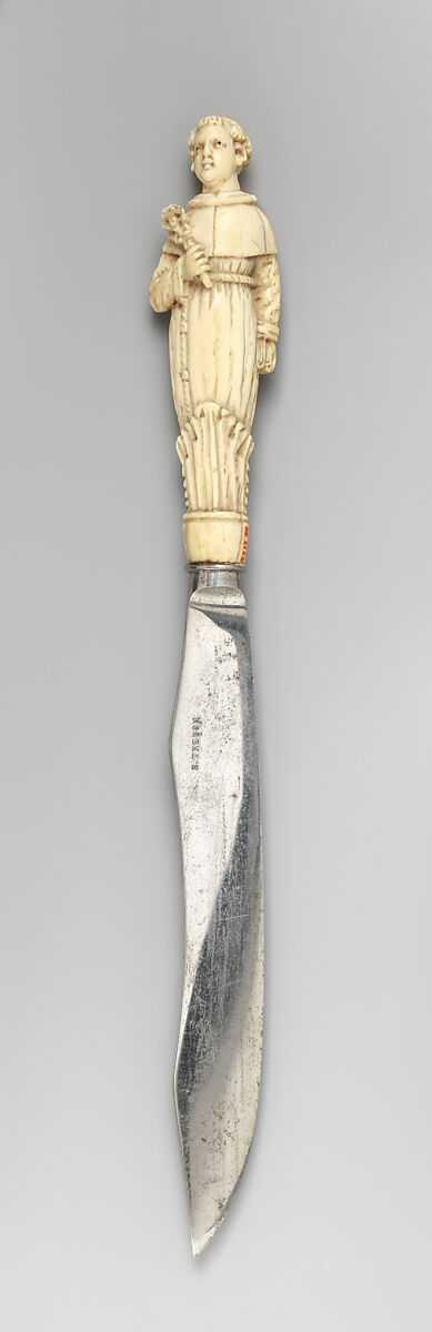 Table knife with handle representing St. Anthony of Padua, Steel, ivory, possibly German, Bavarian 