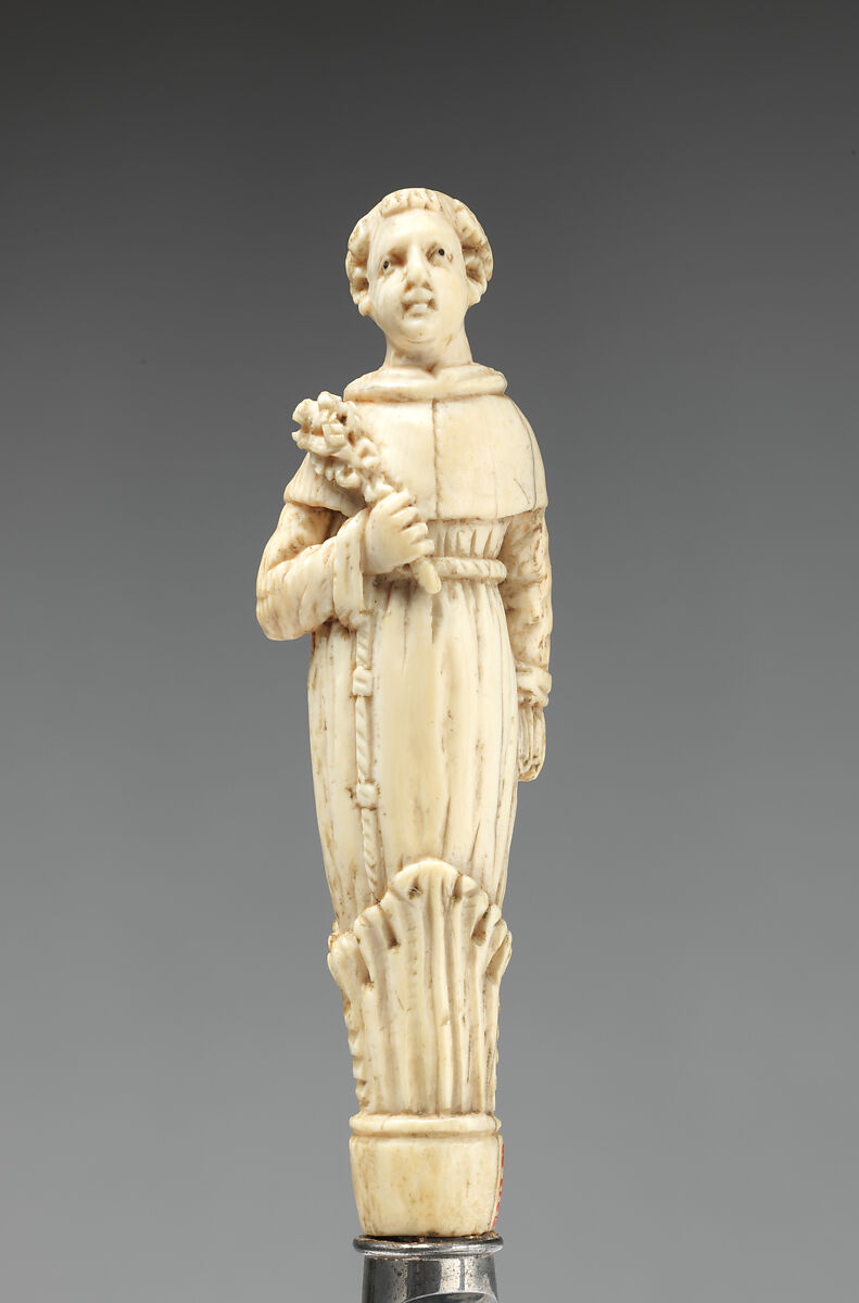 Table knife with handle representing St. Anthony of Padua, Steel, ivory, possibly German, Bavarian