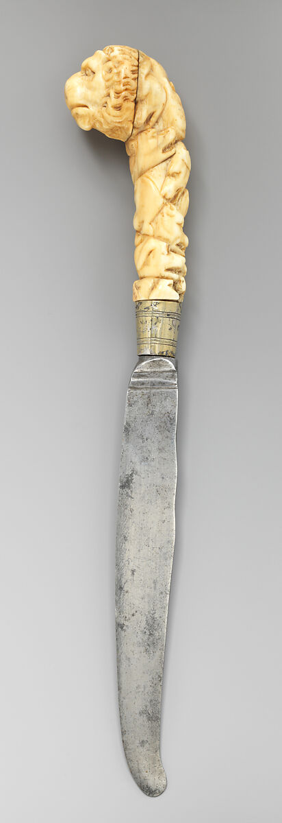 Table knife with handle carved with lion's head, Steel, ivory, brass, possibly German, Saxony 