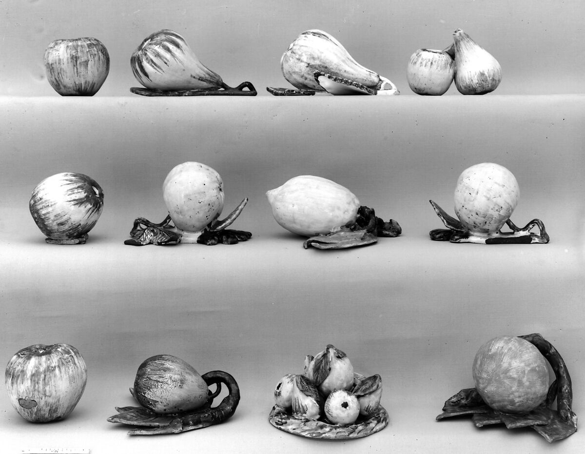 Group of six pieces of fruit, Tin-glazed earthenware, Dutch, Delft 