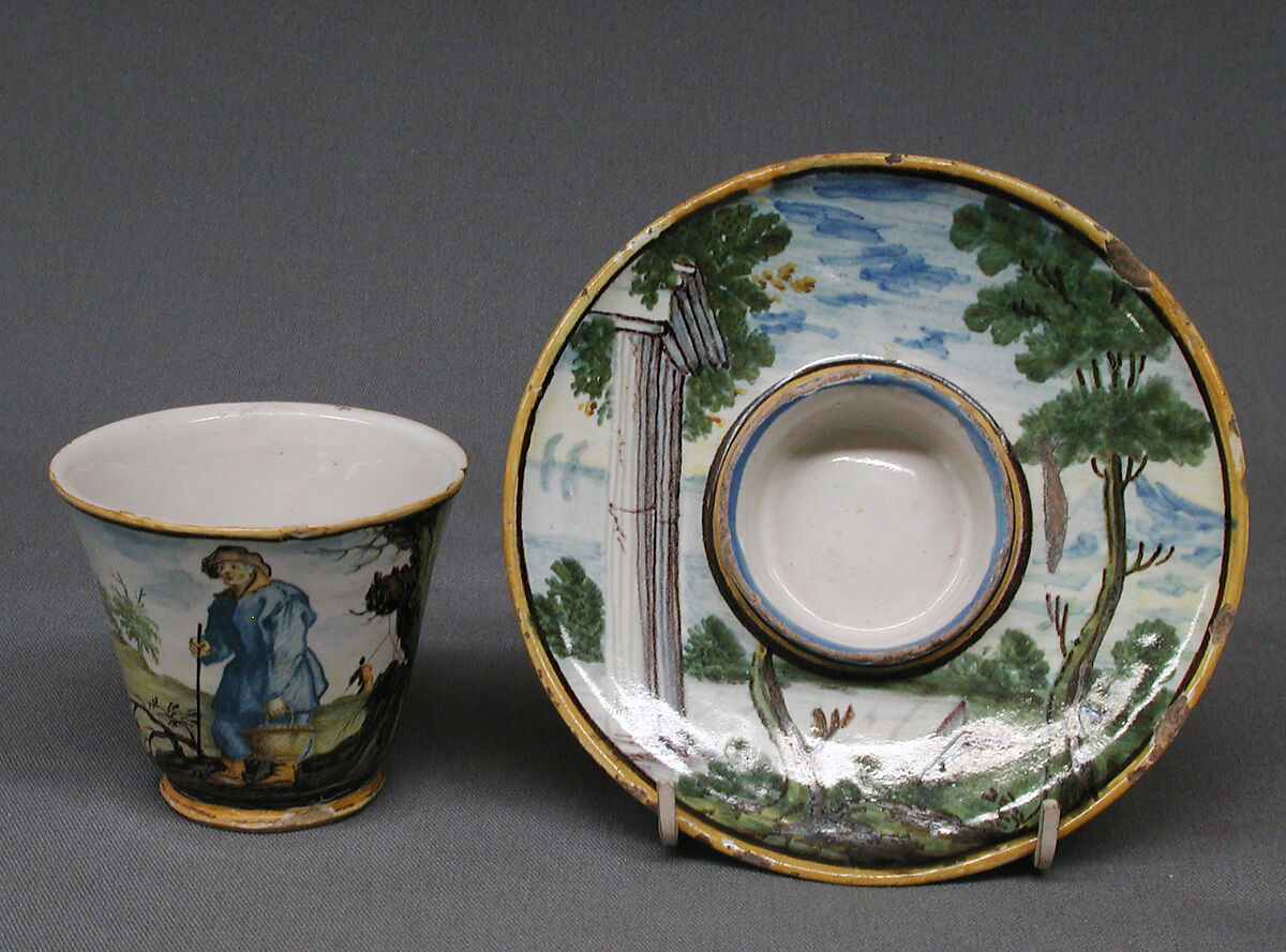 Cup and saucer, Castelli, White-enameled earthenware, Italian, Castelli 