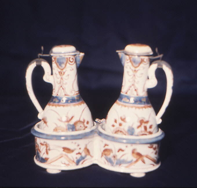 Cruet stand with bottles, The "Greek A" Factory, Tin-glazed earthenware, Dutch, Delft 