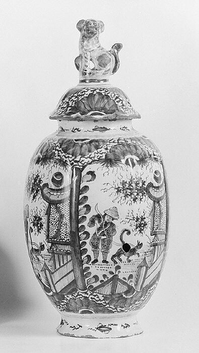 Jar with cover (part of a garniture), Tin-glazed earthenware, Dutch, Delft 