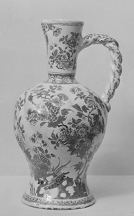 Jug, Rose factory, Tin-glazed earthenware, Dutch, Delft