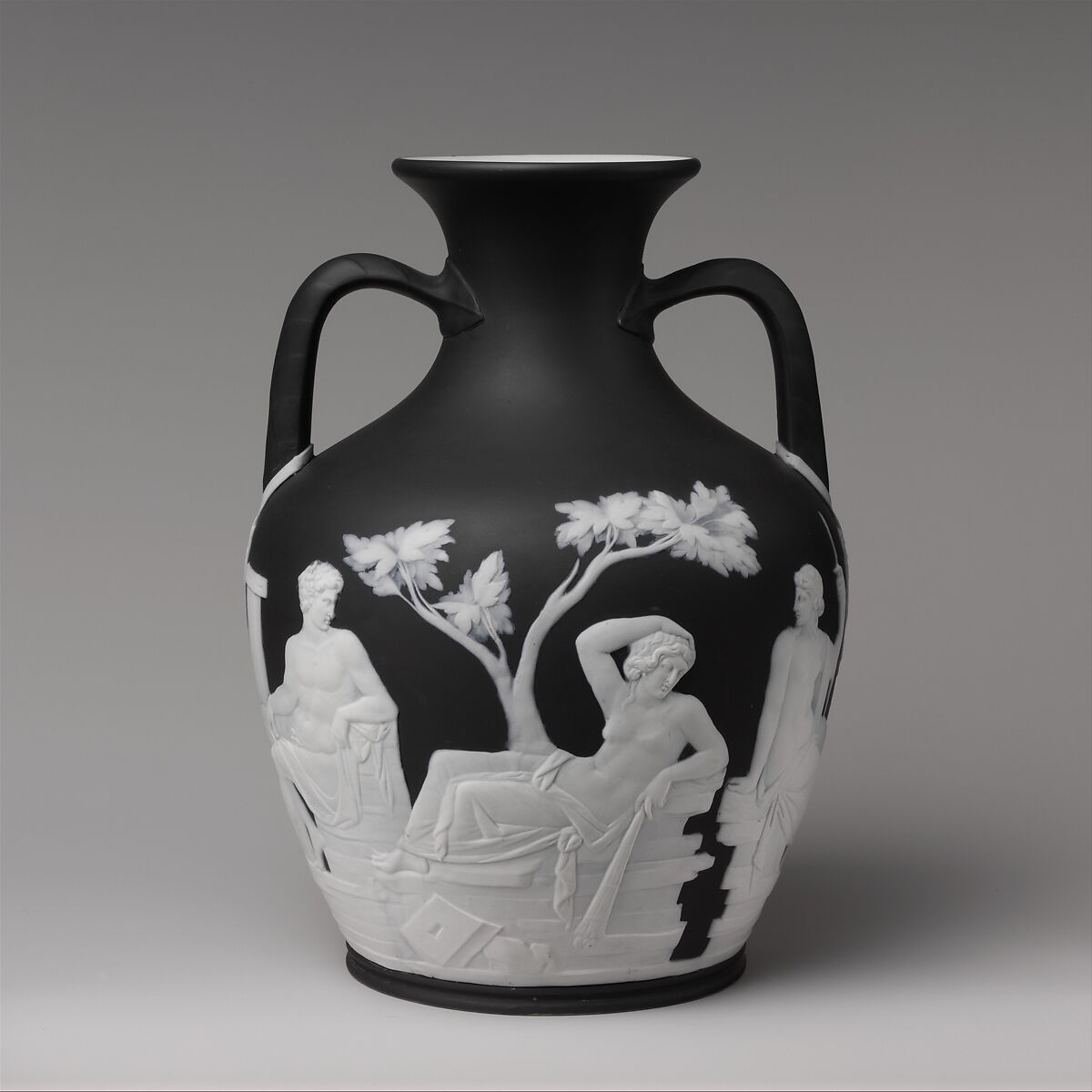 Portland vase, Josiah Wedgwood and Sons (British, Etruria, Staffordshire, 1759–present), Black basalt ware with white relief decoration, British, Staffordshire 