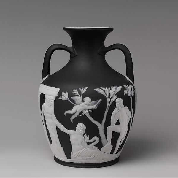 Portland vase, Josiah Wedgwood and Sons (British, Etruria, Staffordshire, 1759–present), Black basalt ware with white relief decoration, British, Staffordshire