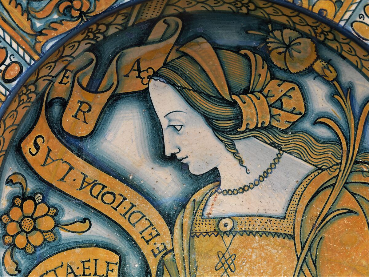 Dish with profile of a woman with Petrarchan verse, Maiolica (tin-glazed earthenware), lustered, Italian, Deruta